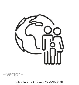 family in the world icon, population earth and environment, international planet safe, globe, child with parents, thin line symbol on white background - editable stroke vector illustration eps10