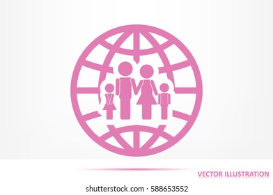 Family and world icon vector EPS 10, abstract sign family map flat design,  illustration modern isolated badge for website or app - stock info graphics