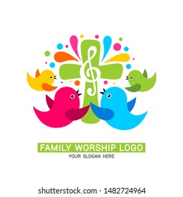 Family worship logo. The family glorifies God, sings to Him glory and praise.