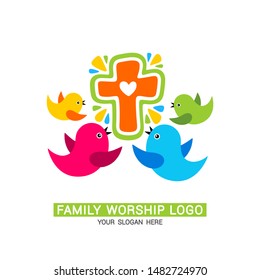 Family worship logo. The family glorifies God, sings to Him glory and praise.