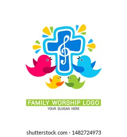 Family worship logo. The family glorifies God, sings to Him glory and praise.