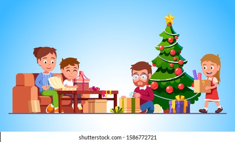 Family wrapping New Year presents together. Mother, father, kids packing gift boxes with ribbon bow under Merry Christmas fir tree getting festive celebration ready. Flat vector character illustration