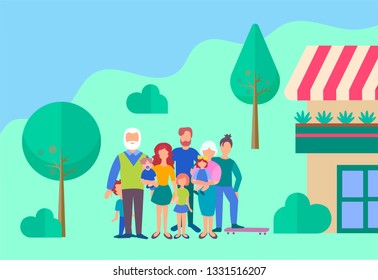 Family in the yard of own house. The concept of a happy family and well-being. Parents  weekend with the whole family. Vector illustration.