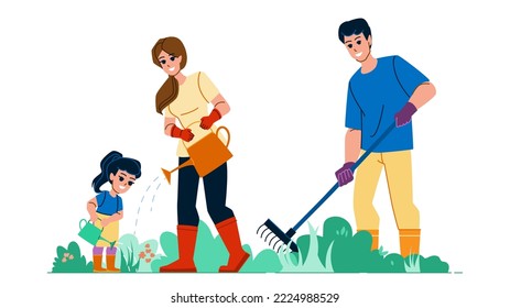 Family Yard Work Vector. Garden Plant, Happy Agriculture, Gardening Nature, Summer Father, Home Gardener Family Yard Work Character. People Flat Cartoon Illustration