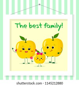 Family of yellow apples , mom, dad and kid in cartoon style. Pictured in a painting that hangs on a striped wall. Vector illustration, a flat style.