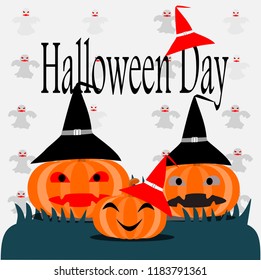 A family of yellow pumpkins wearing a witch hat on Halloween, vector image