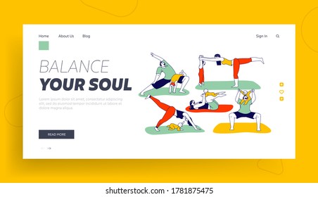 Family Yoga with Baby Landing Page Template. Man and Woman Characters Doing Fitness or Aerobics Exercise with Little Child. Father, Mother Workout Together with Kid. Linear People Vector Illustration