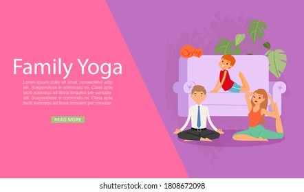 Family yoga banner, health sport life, healthy parent lifestyle, fitness training, design, cartoon style vector illustration. Young man, woman, daughter doing yoga wellness in lotus position.