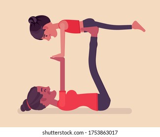 Family yoga, black happy yogi mother, daughter in sports wear practicing acroyoga balance exercise, kid and parent enjoying yogic practice together. Vector flat style cartoon illustration, side view