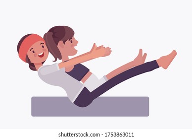 Family yoga, black yogi mother, daughter in sport wear practicing yoga, doing boat balance pose, Paripurna, Navasana exercise, yogic practice together. Vector flat style cartoon illustration side view
