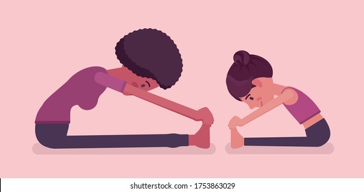 Family yoga, black yogi mother, daughter in sport wear practicing doing Seated forward bend pose, paschimottanasana exercise, yogic practice together. Vector flat style cartoon illustration, side view