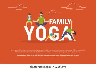 Family yoga concept illustration of people doing exercises. Flat design of father and mother with their children in yoga pose near letters isolated on red background