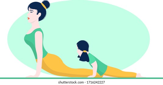 Family yoga concept. Mother and 
daughter doing asana together. Woman and girl in dog face up on the rug. Cute illustration in flat style. 