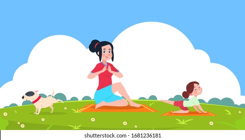 Family yoga. Girl outdoor, stretching exercise in park. Mother daughter doing fitness or gymnastics training. Sport workout vector illustration