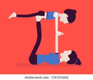 Family yoga, happy fit yogi mother, daughter in sports wear practicing acroyoga balance exercise, kid and parent enjoying yogic practice together. Vector creative stylized illustration, side view