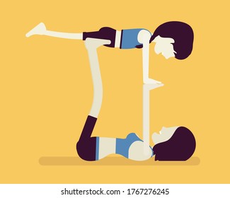 Family yoga, happy fit yogi mother, daughter in sports wear practicing acroyoga balance exercise, kid and parent enjoying yogic practice together. Vector creative stylized illustration, side view