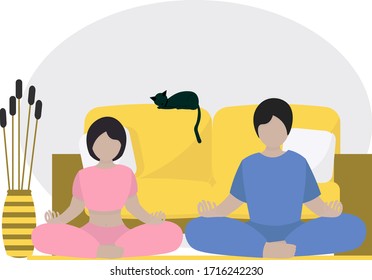 Family yoga at home concept.  man and woman in lotus position. Mom and dad  meditation together on sport mat. Cute illustration in flat style.