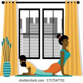 Family yoga at home concept. Mother and daughter doing asana together in living room near the window. Woman and girl in dog face up on the rug. Cute illustration in flat style. 