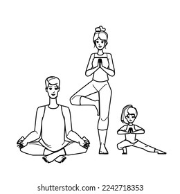 family yoga line pencil drawing vector. exercise healthy, adult health, body fitness, together sport, child happy, woman, training, female home family yoga character. people Illustration