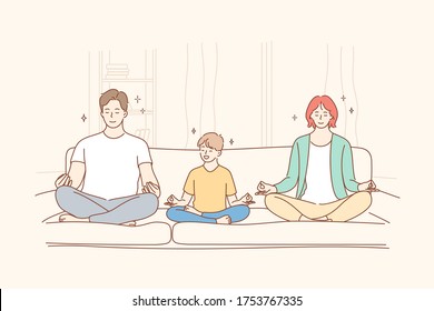 Family, Yoga, Meditation Concept. Parents Man Dad And Woman Mom Child Kid Son Do Morning Yoga Exercise Meditating On Couch At Home. Fathers Mothers Day Or Healthcare And Stress Relief Illustration.