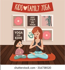 Family yoga - mom and daughter in yoga pose 2 - Vector Illustration