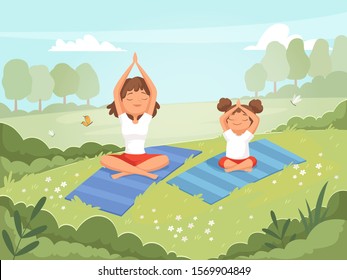 Family yoga. Mother and daughter making exercises outdoor in the park yoga fitness training skills vector cartoon background