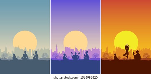 Family yoga outdoors. Dad, mom and son practice meditation outside a city. Silhouette of men, women and child. People lead a healthy lifestyle and spend active time. Set of flat vector flyers, cards.