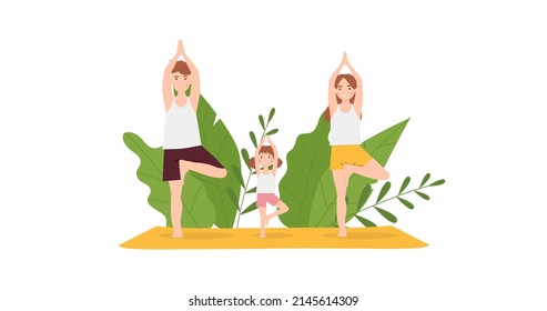 Family Yoga at the park. Mother, father, and daughter demonstrating tree yoga pose. Vector illustration