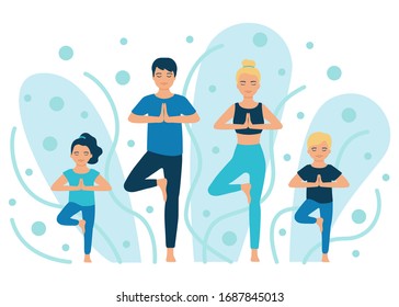 Family yoga. People do yoga exercise. Father and mother with children do yoga pose. Vector flat illustration