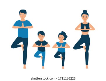 Family yoga. People do yoga exercise, meditation. Father and mother with children do yoga pose. Vector flat illustration