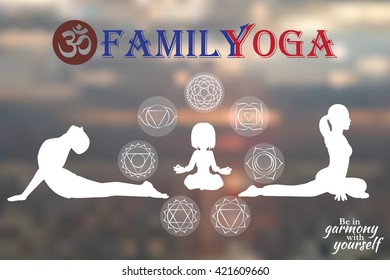 Family Yoga people training and meditating in warrior pose. Kid, woman and man yoga exercising training in ocean landscape. Silhouette family against sun. Chakra pictograms on choku rei symbol