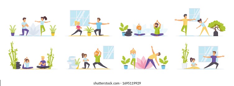 Family yoga set with people characters in various scenes creator kit and situation. Happy couple doing yoga exercises and meditating in lotus pose. Bundle of practicing yoga at home in flat style.