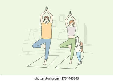 Family, Yoga, Sport, Recreation Concept. Man Dad And Woman Mom Do Morning Yoga Practice Exercise At Home While Child Kid Daughter Seeking Attention. Active Lifestyle Healthcare Or Fathers Mothers Day.