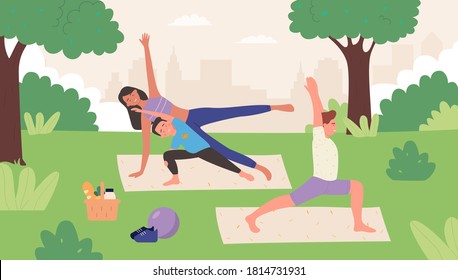 Family yoga in summer park outdoor flat vector illustration. Cartoon happy family people do asana together, father mother child practicing yoga poses, meditating together. Healthy lifestyle background