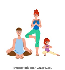 family yoga vector. exercise healthy, adult health, body fitness, together sport, child happy, woman, training, female home family yoga character. people flat cartoon illustration