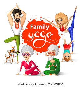 Family Yoga Vector Illustration. Senior Couple And Young Man, Woman, Child, Dog Doing Yoga.