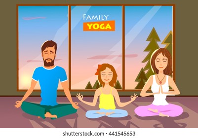 Family Yoga vector illustration.Young man, woman and their daughter doing yoga in the Lotus position in room against the sunset sky