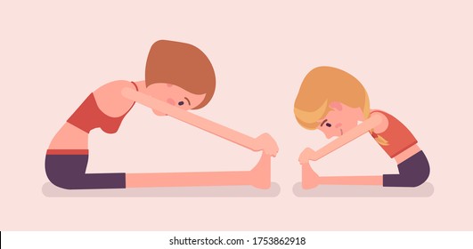 Family yoga, yogi mother, daughter in sport wear practicing yoga, doing Seated forward bend pose, paschimottanasana exercise, yogic practice together. Vector flat style cartoon illustration, side view