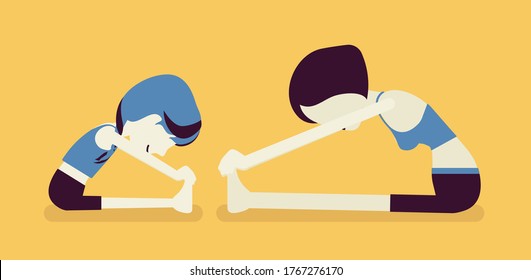 Family yoga, yogi mother, daughter in sport wear practicing yoga, doing Seated forward bend pose, paschimottanasana exercise, yogic practice together. Vector creative stylized illustration, side view