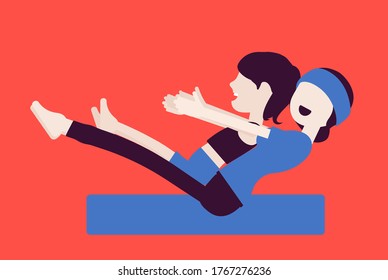Family yoga, yogi mother and daughter in sport wear practicing yoga, doing boat balance pose, Paripurna, Navasana exercise, yogic practice together. Vector creative stylized illustration, side view