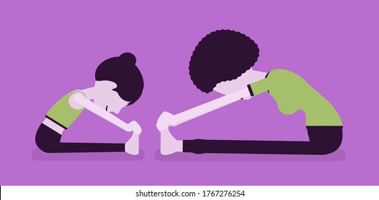 Family yoga, yogi mother, daughter in sport wear practicing yoga, doing Seated forward bend pose, paschimottanasana exercise, yogic practice together. Vector creative stylized illustration, side view