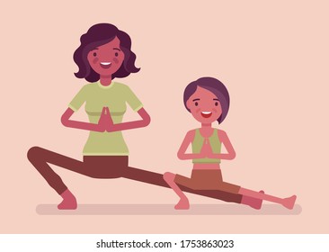 Family yoga, young black yogi mother and daughter in sports wear practicing workout, doing fitness pose, stretch exercise for yogic practice together. Vector flat style cartoon illustration, side view