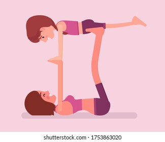 Family yoga, young happy yogi mother, daughter in sports wear practicing acroyoga balance exercise, kid and parent enjoying yogic practice together. Vector flat style cartoon illustration, side view