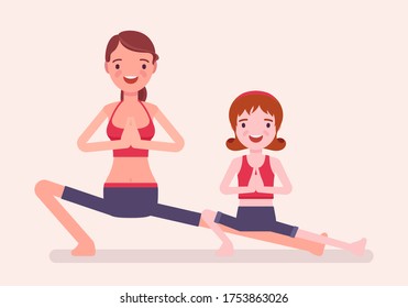 Family yoga, young happy yogi mother and daughter in sports wear practicing workout, doing fitness pose, stretch exercise for yogic practice together. Vector flat style cartoon illustration, side view