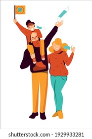 Family: a young bearded man with glasses and a plump woman with a child are exempt from medical masks. The concept of covid vaccination, health. Vector flat illustration isolated on white background.