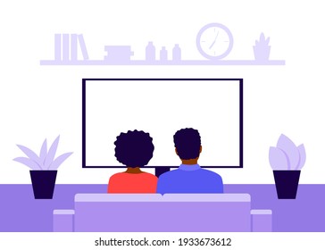 Family young black couple man and woman sitting on sofa at home and watching TV, news, back view. Living room interior. Rest, recreation, spending time on isolation and quarantine. Vector illustration