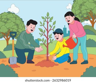 Family with young child planting a tree in a green urban park to celebrate World Environment Day. Flat cartoon illustration promoting eco action, sustainability, and green living in cities