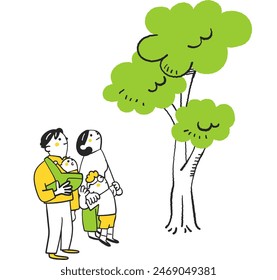 Family with young children staring at a young tree that has grown large Stock Illustration
