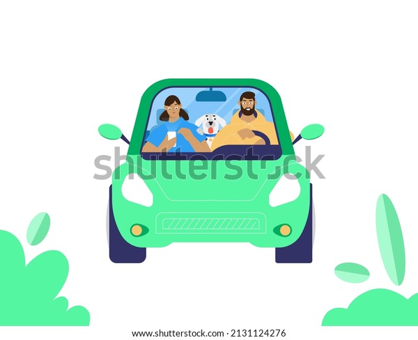 Family, young couple with a\
dog riding a car on a vacation trip. Man drives car, girl using\
mobile phone on passenger seat. Isolated vector illustration in\
flat style