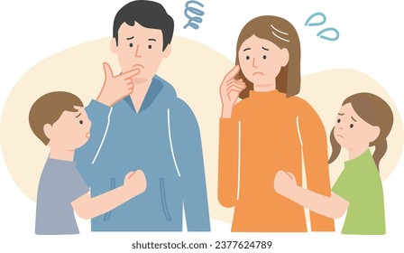 A family of young couples and children tilting their heads in worry.The background is transparent.